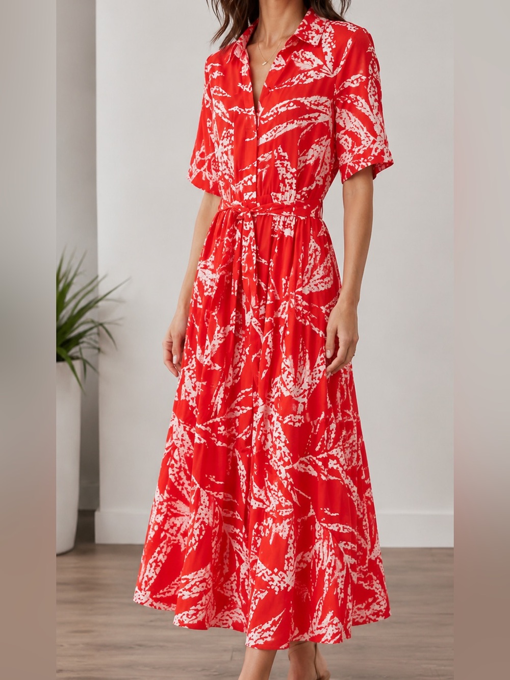 DKNY Red Printed Tie-Waist Maxi Dress